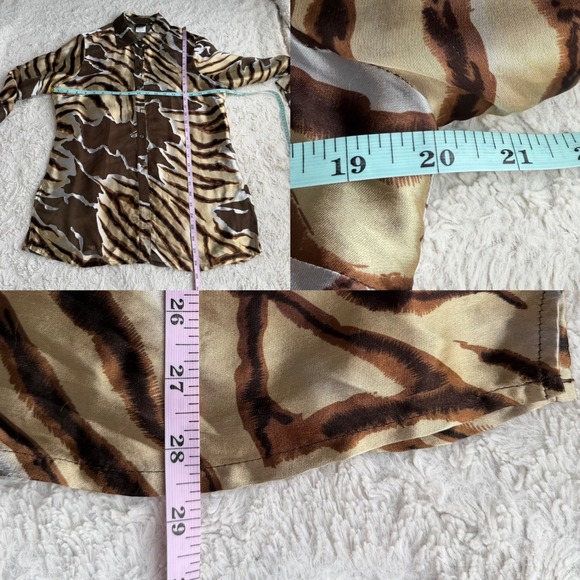 Sharon Young Tiger Zebra Silk Sheer Button Down Blouse Animal Print Brown M - Picture 5 of 14